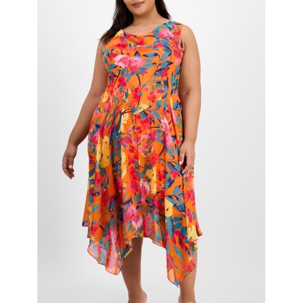 Signature by Robbie Bee Orange Floral Chiffon Handkerchief Hem Dress 22W RB6855T